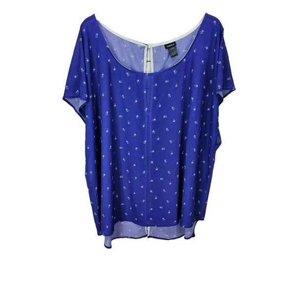 Torrid Blue Palm Dolman Sleeve Back Button‎ Sheer Top Size 5 - Picture 1 of 12